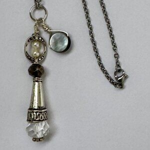 Necklace handmade silver carved cone clear gray crystal pearls OOAK